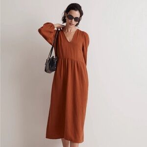 NWT Madewell Lightspun V-Neck Gauze Long Sleeve Midi Dress Burnt Orange